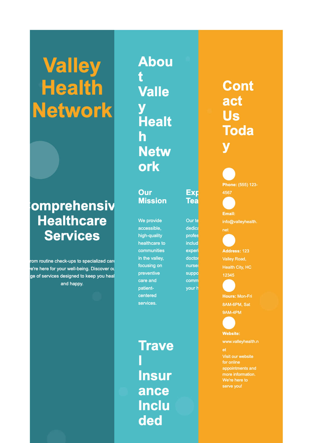 Valley Health Network bi fold brochure with healthcare services and contact info_variant_3